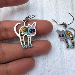 Folk Art Gallery Whimsical Kity cat earrings with Swarovski crystals stain steel